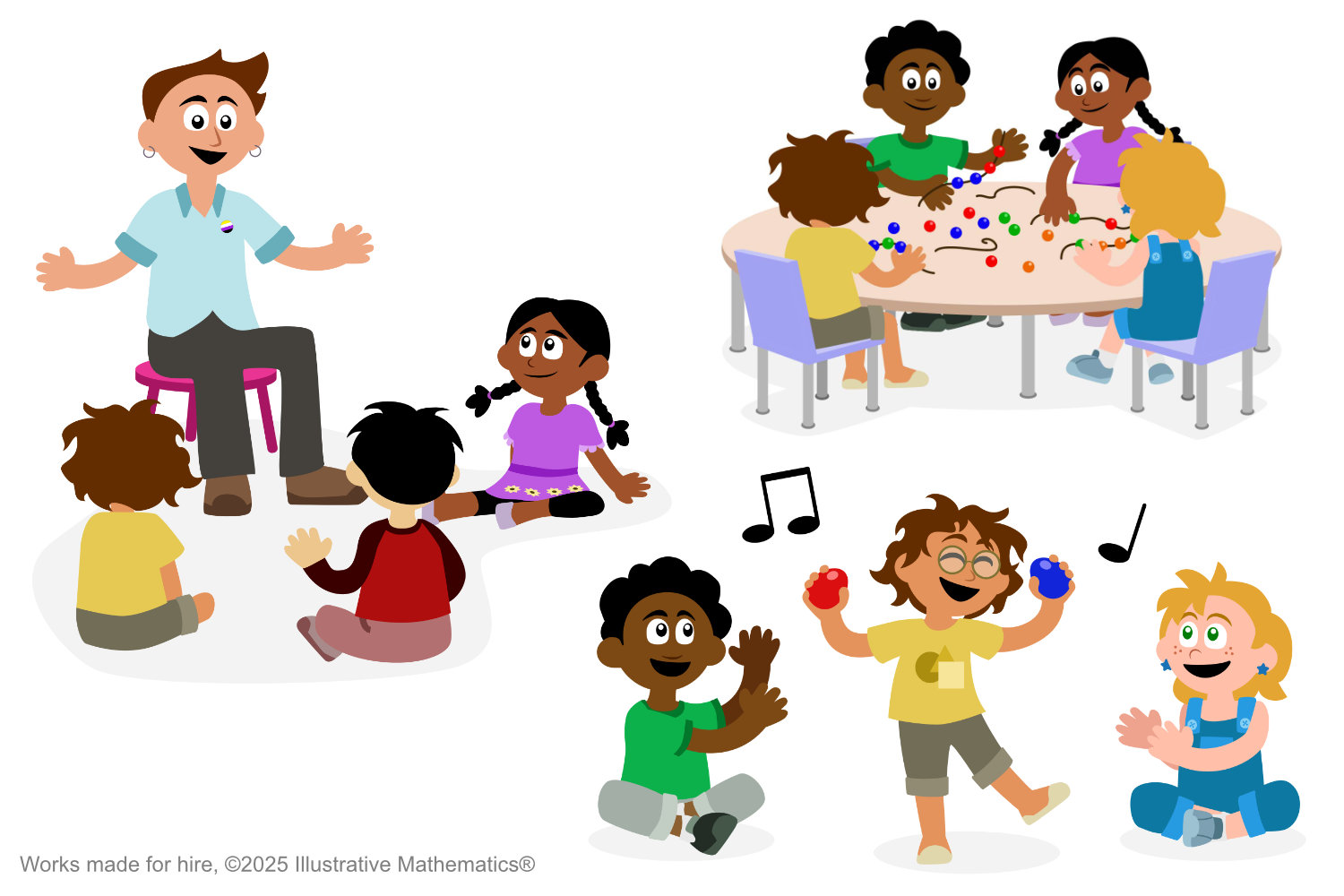 A collection of illustrations featuring a teacher speaking to some gathered kids, four children stringing beads in specific patterns, and three students playing music and dancing.