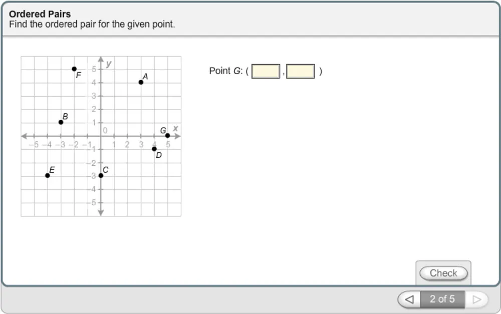 Screenshot of a math component asking the student to determine coordinates for dots on a graph.
