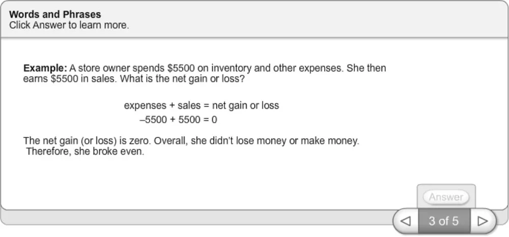 Screenshot of a math component explaining net gains and losses.