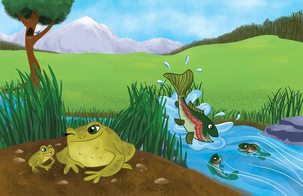 Illustration of double-page spread for "Over in the Meadow" poem.