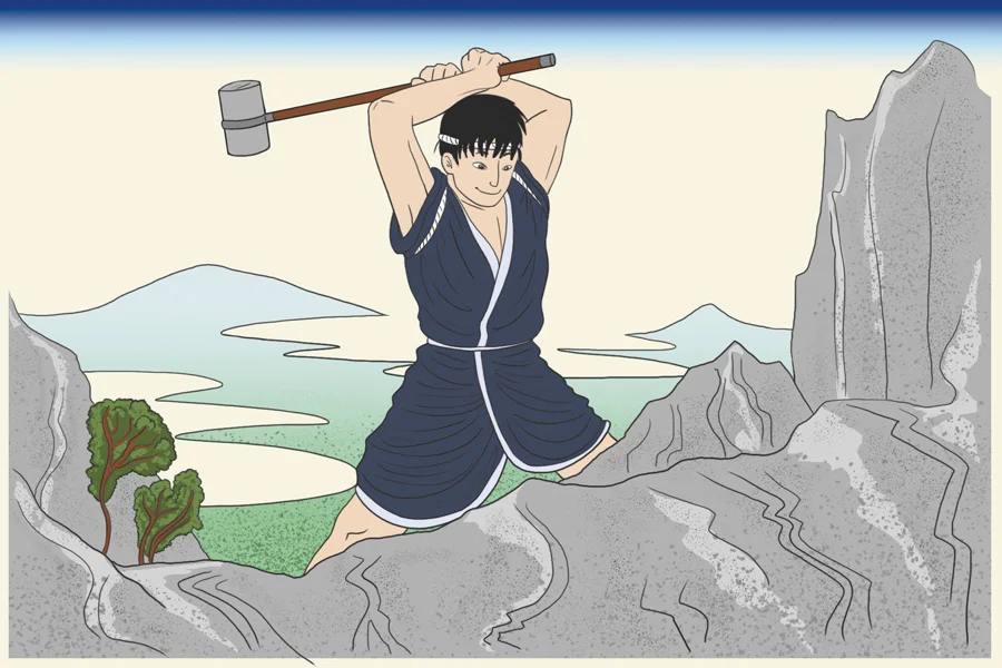 Illustration for "The Stonecutter" showing the protagonist hammering stone.
