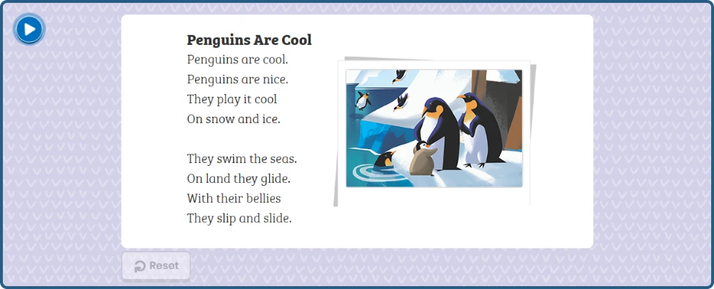 ELA Grades 3-5 showing poem "Penguins Are Cool" with image of penguins next to it.