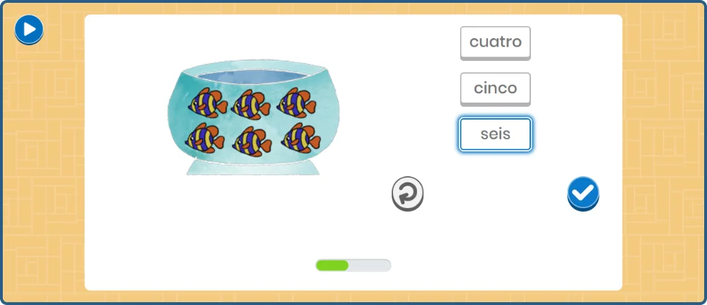 Spanish asset with three word choices and an image of a fishbowl with six fish in it.