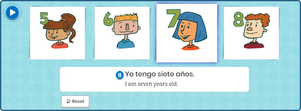 Spanish card asset with four cards showing different numbers and the translation below.